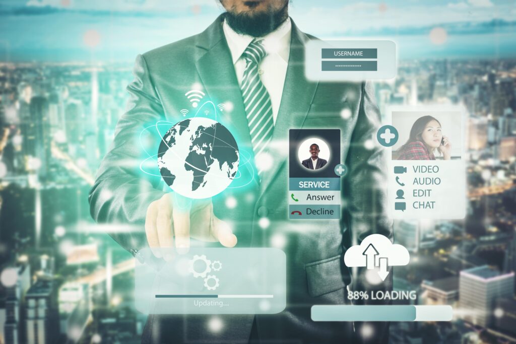 digital composite image businessman operating icons min