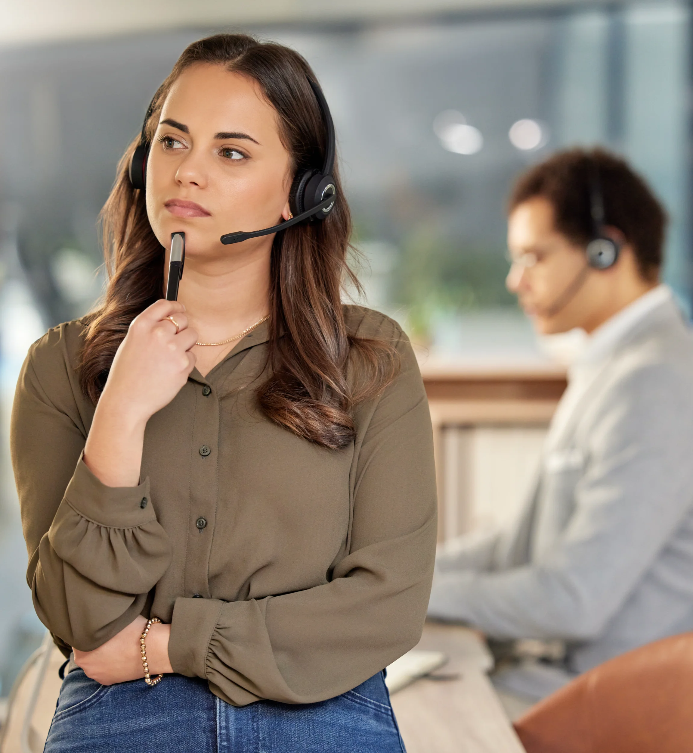 call-center-headset-woman-thinking-solution-customer-service-crm-telemarketing-face-consultant-agent-manager-person-think-answer-sales-contact-us-help-desk-support